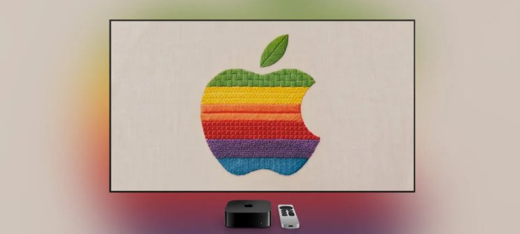 Sigla Apple în culorile curcubeului, brodată, afișată pe un televizor, cu un Apple TV și o telecomandă dedesubt