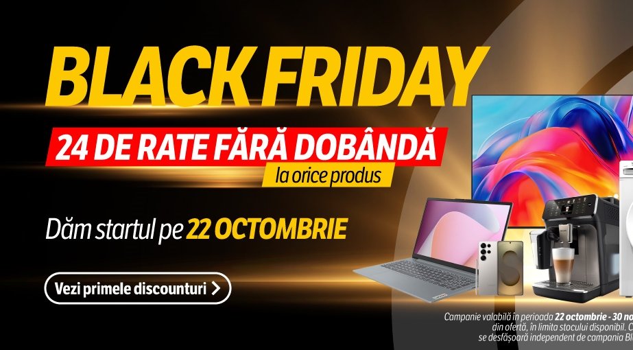Bannerul campaniei Black Friday 2026 la Flanco, care începe pe 22 octombrie, cu 24 de rate fără dobândă