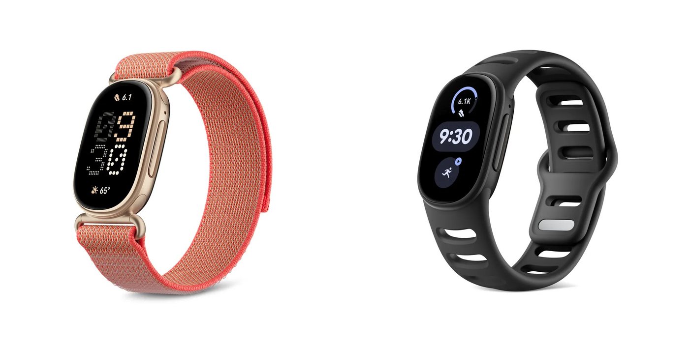Fitbit Edge în culorile Canyon, cu curea textilă, și Obsidian, cu curea sport