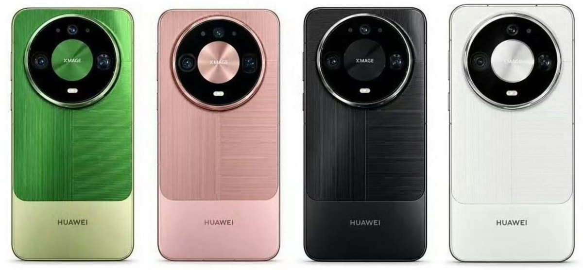 Huawei Mate 90 în patru culori: verde, roz, negru și alb, vedere din spate cu modulul foto rotund
