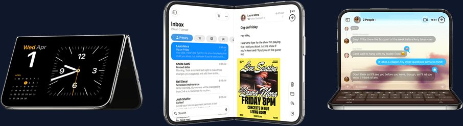 Trei moduri de folosire a iPhone Duo: pliat ca un ceas de birou, deschis cu e-mailul pe două coloane, pliat ca un mini-laptop pentru mesaje