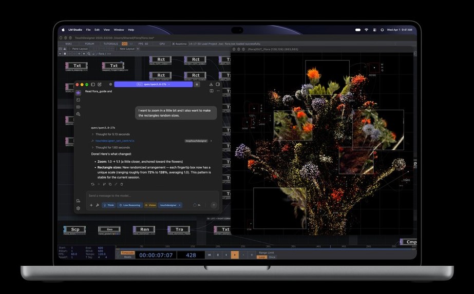 MacBook Pro cu PROLED XDR care rulează local un model AI în LM Studio, cu Dynamic Island în locul decupajului clasic pentru cameră