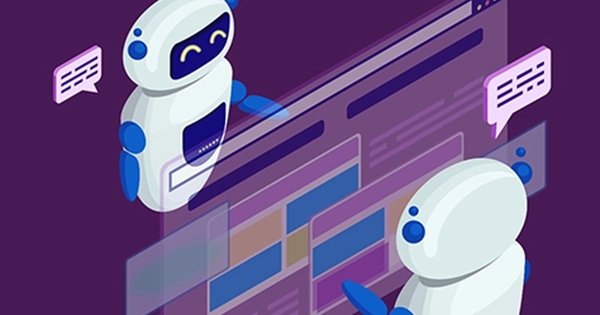 Ilustrație cu doi roboți care lucrează într-o interfață web