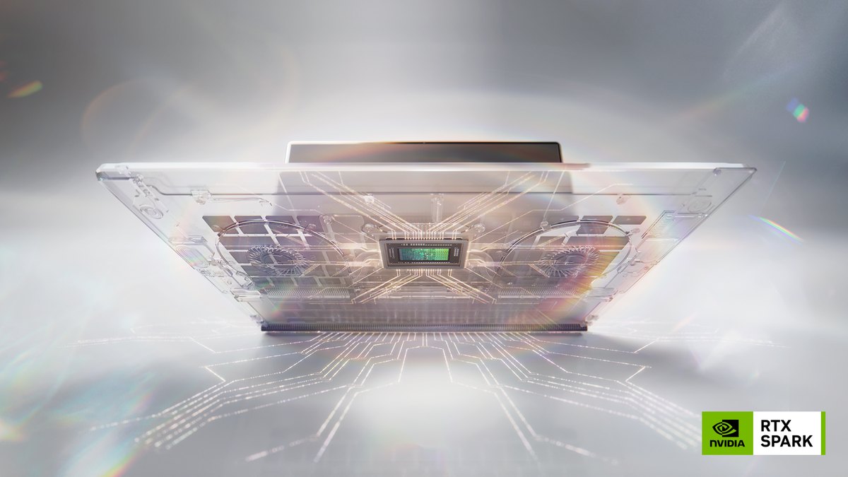 Ilustrație Nvidia cu cipul RTX Spark în centrul unui laptop transparent