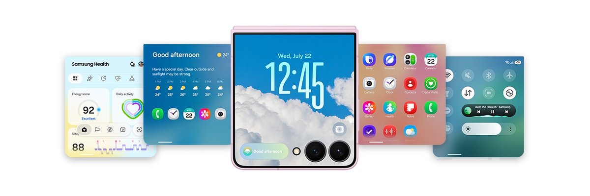 Interfața One UI pe ecranul exterior al unui telefon pliabil Galaxy Z Flip, alături de widgeturi Samsung Health, vreme și setări rapide