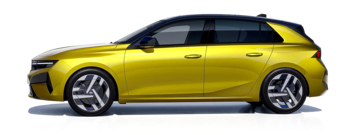 Opel Astra din profil, culoare galbenă
