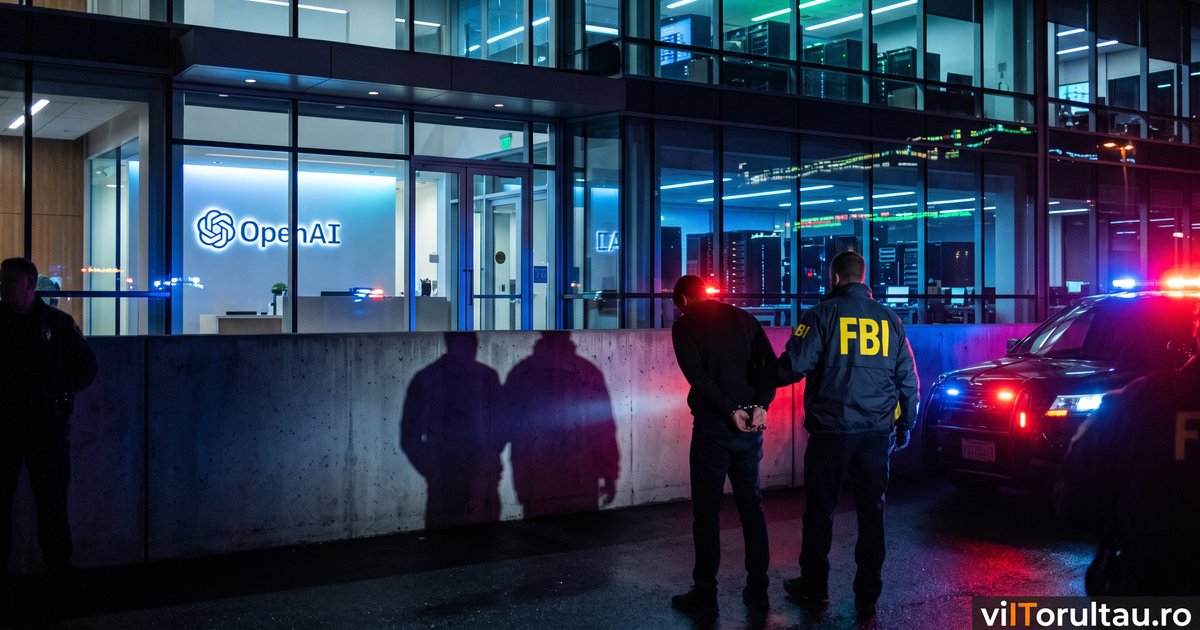 Ilustrație: agenți FBI conduc un bărbat încătușat în fața unei clădiri de birouri cu sigla OpenAI, noaptea, cu girofaruri aprinse