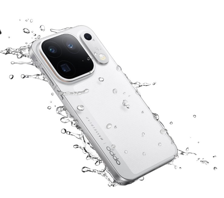 Oppo Find X10 Pro Max în culoarea Luna White, stropit cu apă