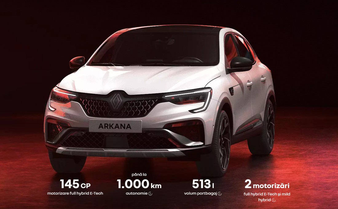 Renault Arkana cu specificații afișate: 145 CP, până la 1.000 km autonomie, 513 litri portbagaj, 2 motorizări