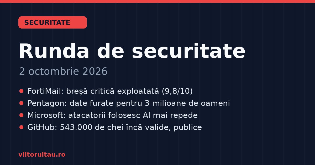 Runda de securitate, 2 octombrie 2026: FortiMail exploatat, date furate de la Pentagon, AI-ul ajută mai mult atacatorii și 543.000 de chei uitate pe GitHub