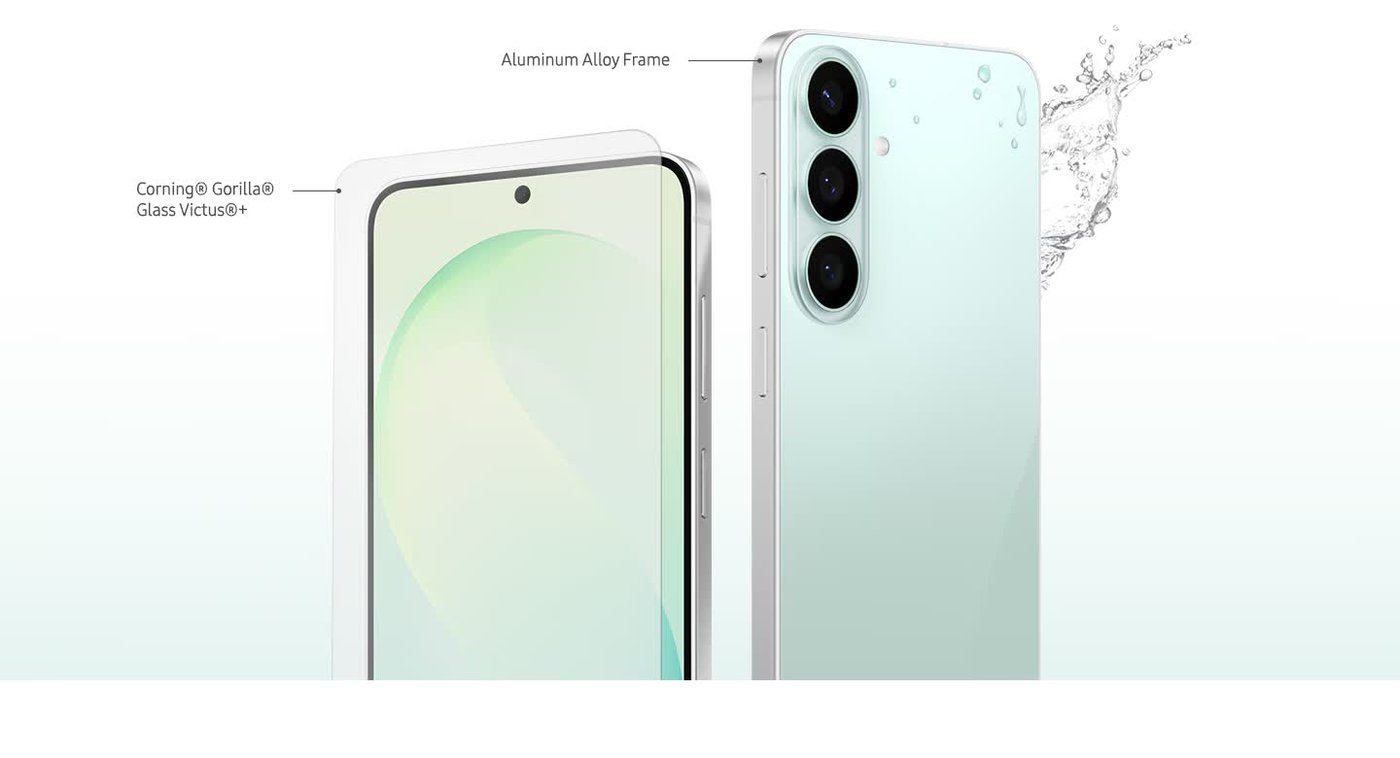 Detaliu design Samsung Galaxy S26 FE — Gorilla Glass Victus+ și cadru de aluminiu