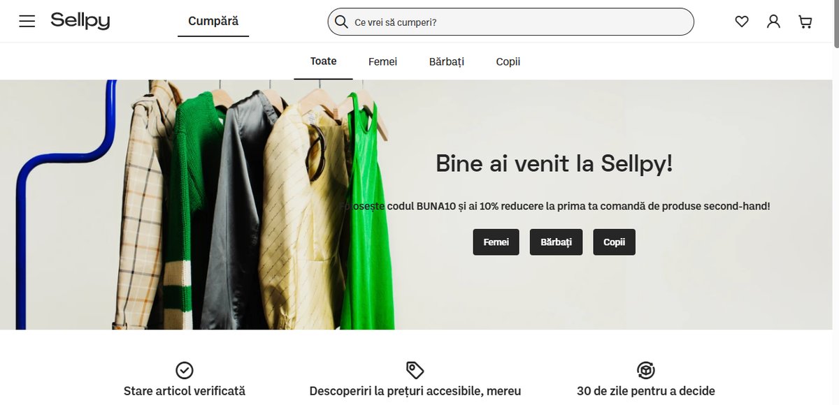 Pagina principală sellpy.ro cu categoriile Femei, Bărbați și Copii