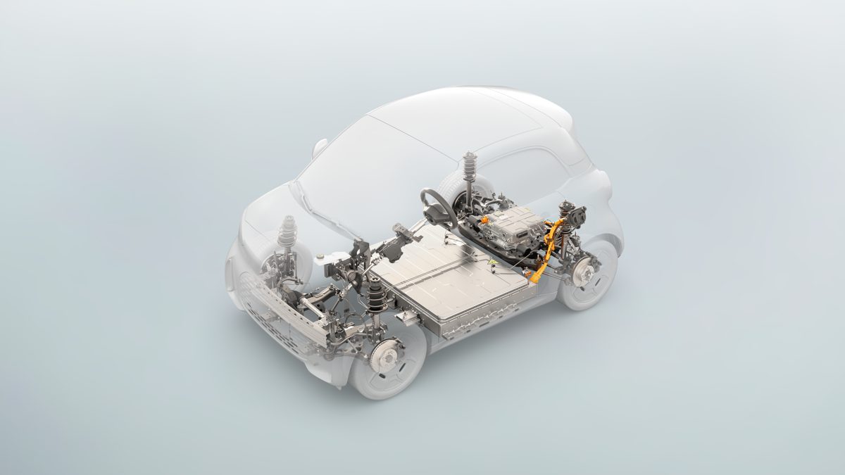 Ilustrație cu platforma ECA a lui smart #2: bateria în podea, motorul pe puntea spate și suspensia