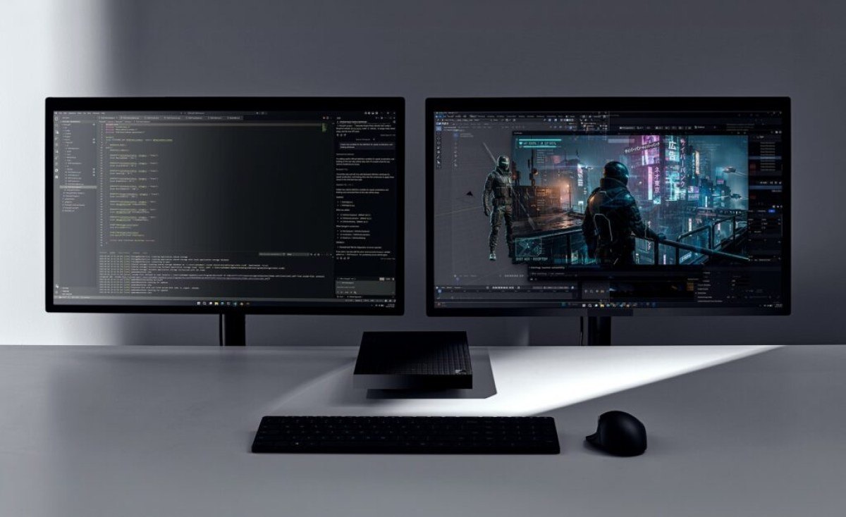 Surface RTX Spark Dev Box pe un birou, conectat la două monitoare, cu tastatură și mouse