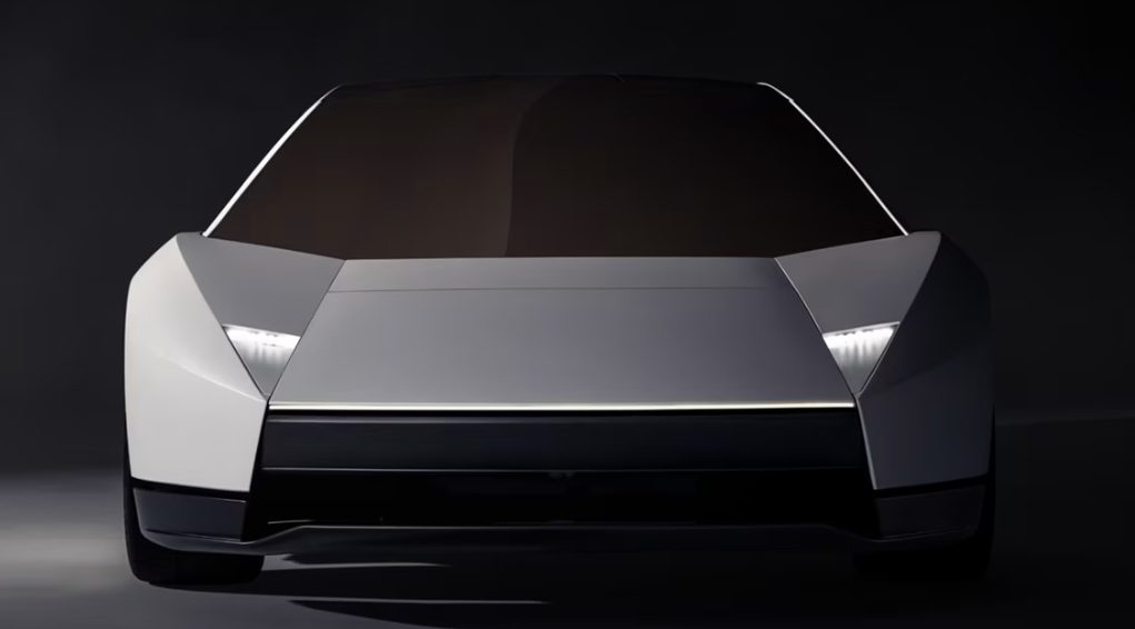 Partea din față a noului Tesla Roadster, cu faruri subțiri ascunse și o bandă luminoasă pe toată lățimea