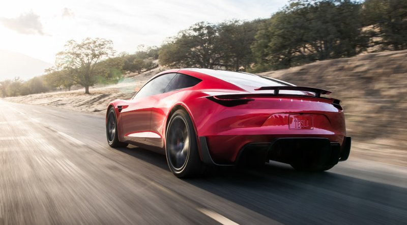 Tesla Roadster, vedere din spate, în mișcare