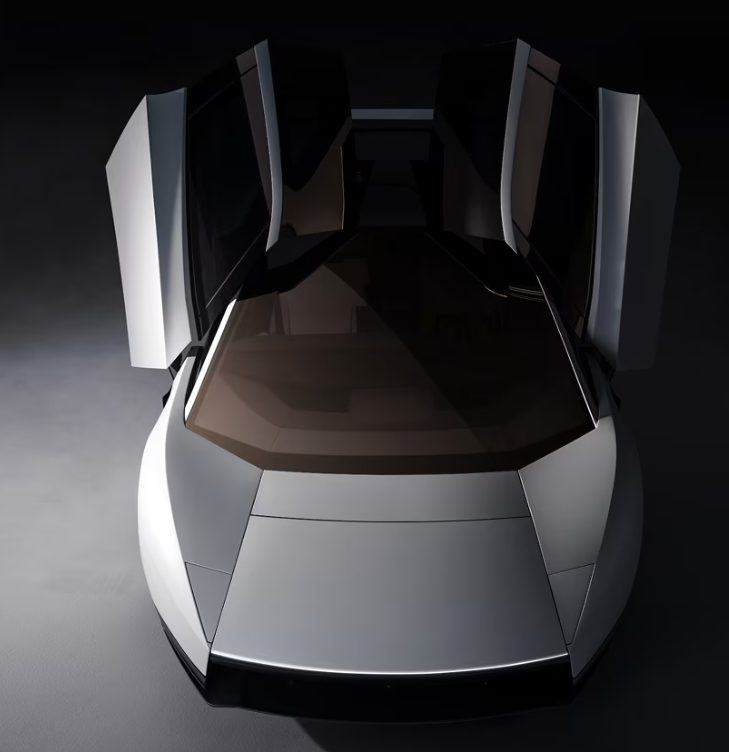 Tesla Roadster văzut de sus, cu ambele uși deschise vertical și interiorul vizibil prin plafonul fumuriu