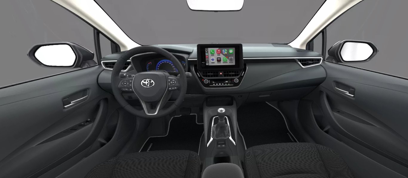 Interiorul Toyota Corolla, cu volan și ecran central Apple CarPlay