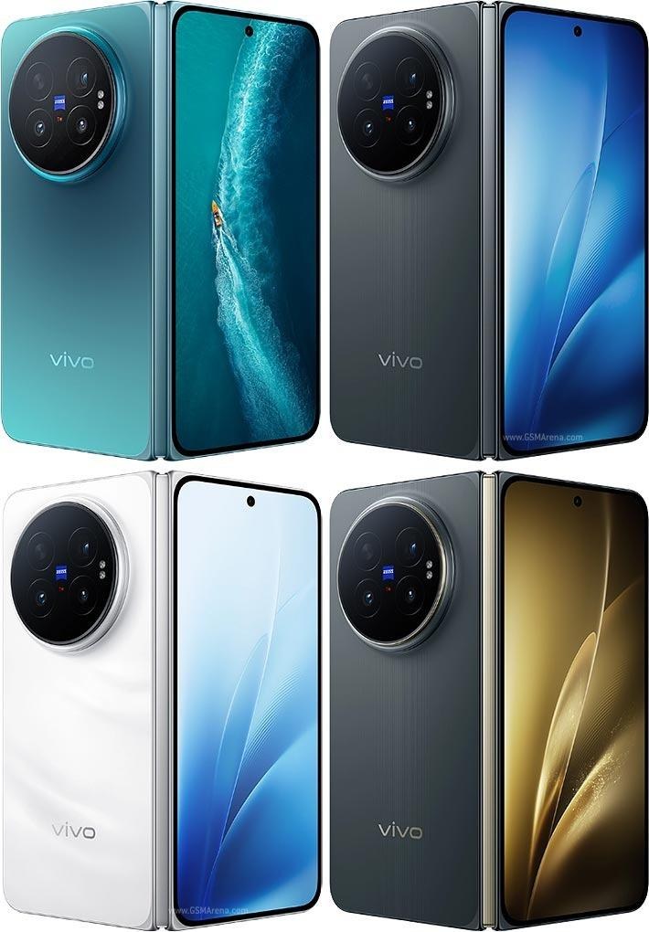 vivo X Fold6 în variantele de culoare albastru-verzui, gri, alb și negru, văzute din spate și din față