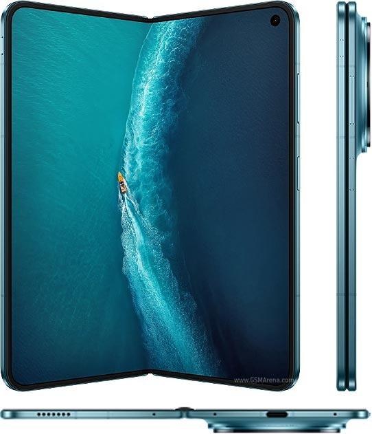vivo X Fold6 albastru-verzui, deschis, plus vederi laterale cu telefonul pliat