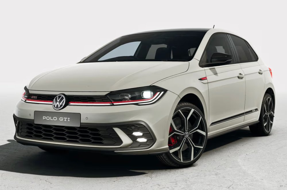 Volkswagen Polo GTI Edition 20 pe benzină, gri Ascot cu plafon negru, văzut din față