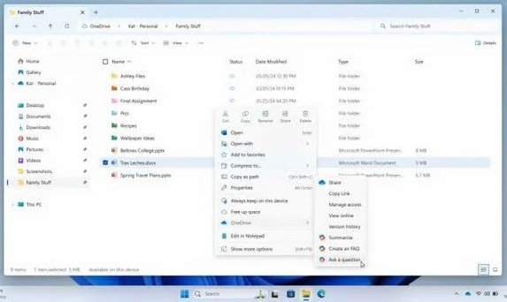 Meniul de click dreapta din File Explorer cu submeniul OneDrive și acțiunile Copilot Summarize, Create an FAQ și Ask a question