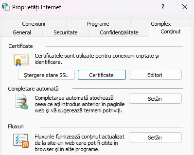 Fereastra Proprietăți Internet din Windows, fila Conținut, cu butonul Certificate